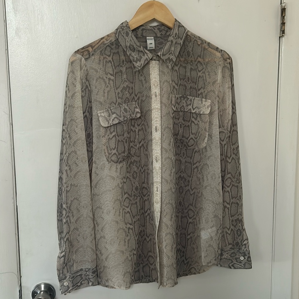 Sheer snakeskin button-down top